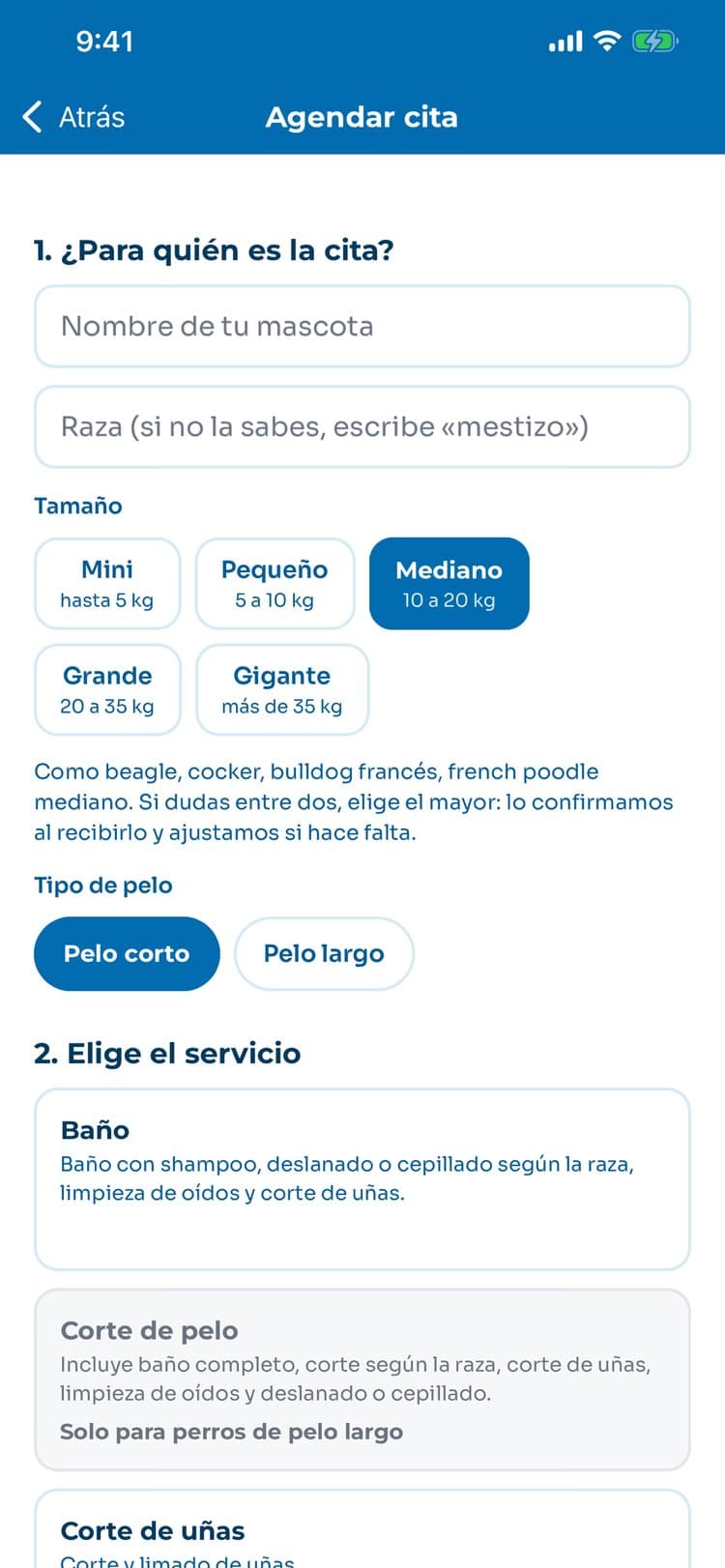 Pantalla para agendar una cita en la app de Perromenal
